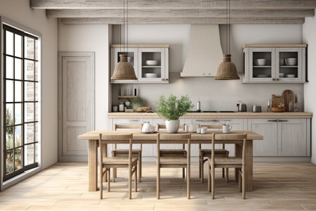 Kitchen interior with farmhouse style frame mockup, rendered in 3D.の素材