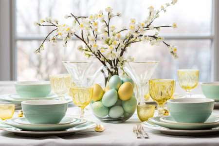 Easter themed table setting with eggs, spring branches, and a joyful background.の素材