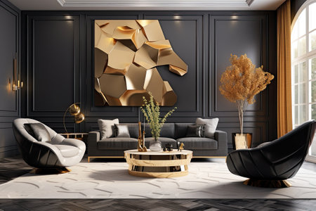 Modern living room with black leather armchair and gold decoration 3D render.の素材