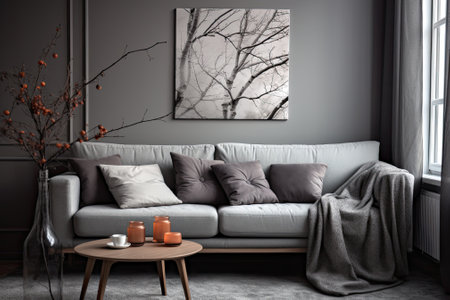 Aesthetic home space featuring cozy gray couchの素材