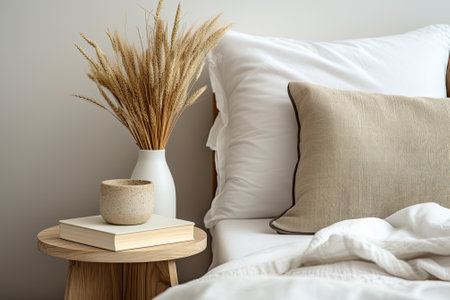 Scandinavian interior design with beige linen and velvet pillows in a bedroom, a modern white ceramic vase with dry Lagurus ovatus grass and a cup of coffee placed on a retro wooden bedside table, showcasing homestaging.の素材