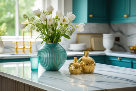 Stylish turquoise and white kitchen with marble island, wooden table, metallic tray, and gold vase.の素材