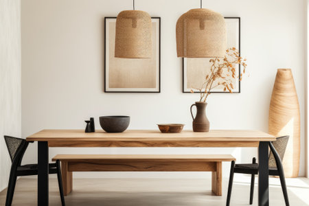 Simplistic dining room interior with wooden table, designer chairs, dried flowers, black pendant lamp, wall art and stylish personal items.の素材
