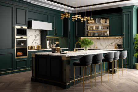 The kitchens interior combines classic modern and glamour styles, with dark green cabinet fronts, black marble, and golden details in a 3D illustration.の素材