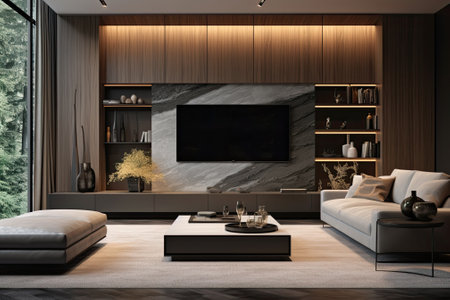 Modern TV, cabinet, and decorative elements create a stylish room interior.の素材