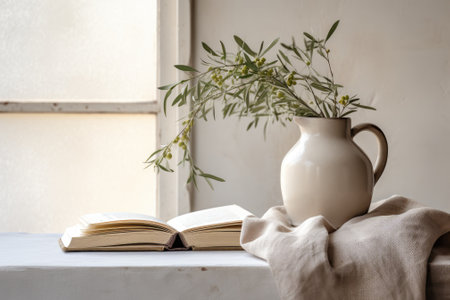Breakfast still life with coffee, books, and empty frame on a linen tablecloth. Olive tree branches in a ceramic jug. Farmhouse Scandi interior.の素材