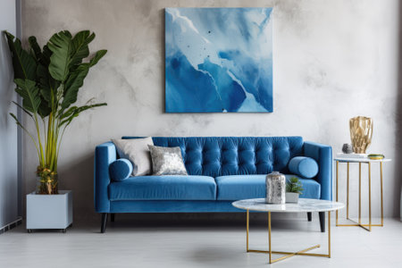 Modern and stylish living room with blue velvet sofa, mock up paintings, design furniture, plant, table, decor, concrete floor, elegant personal accessories in home decor.の素材