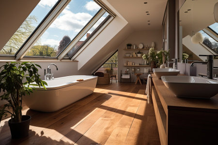 View from stylish balcony with wooden flooring and access through attic bathroom with tub.の素材