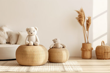 Indoor design with a white wall, wicker basket, toys, and pouf nearby.の素材