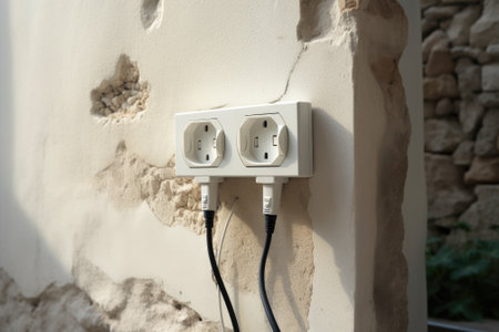 European power outlets disconnected from power cord on contemporary wall.の素材