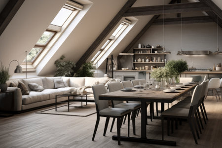 dining room in attic with gray walls, long table, sofa and armchair in living room, and kitchen on the right.の素材