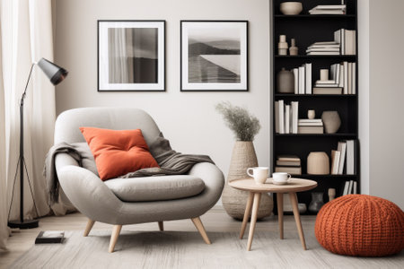 Modern scandinavian living room with stylish furniture, frames, book, plants and personal items.の素材