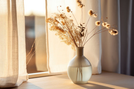 Scandinavian style home decor with a vase of dried flowers on window sill at sunset.の素材