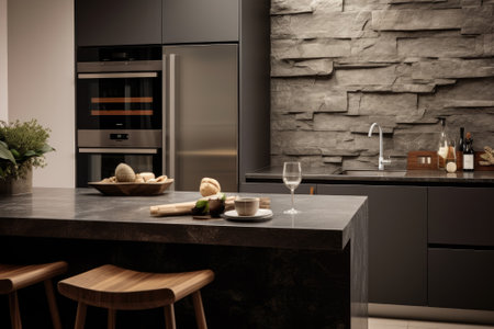 Contemporary a stylish kitchen with modern kitchenware on a stone bar countertop, fridge, sink, and stove.の素材