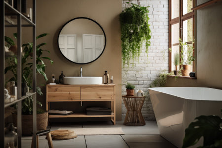 Scandinavian style bathroom with industrial touch, featuring wooden counter, round mirror, and plants.の素材