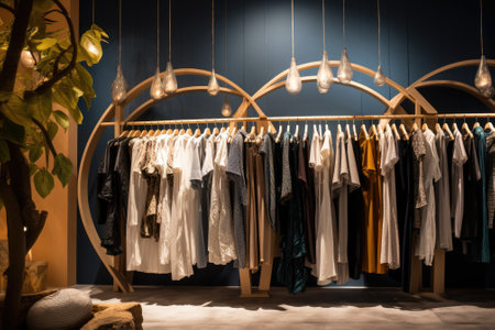 Fashionable garments suspended on clothing rack in changing area. Decorの素材