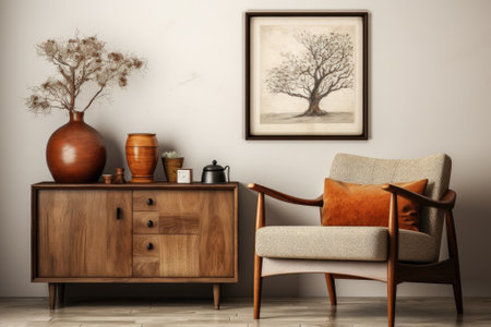Antique inspired living room decor with a framed poster, wooden sideboard, boucle armchair, books, brown pillow, bowl of nuts, dried flower vase, and pitcher.の素材