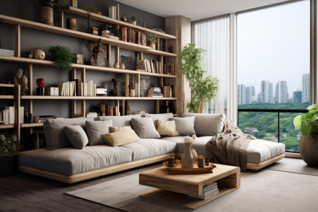 Stylish apartment with plush seating, decorative shelves, and a cozy living room setup.の素材