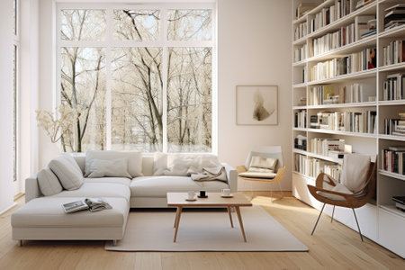 contemporary living room with white walls, wooden floor, white sofa, coffee table, bookcase on the right, and a laptop on the table.の素材