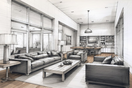 Conceptual interior design projects with a pencil sketch of a living room.の素材
