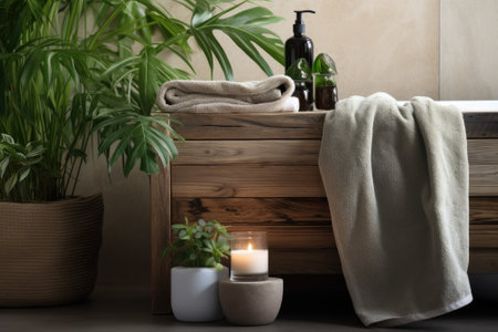 Eco friendly spa treatment on wooden table in natural bathroom with green plants.の素材