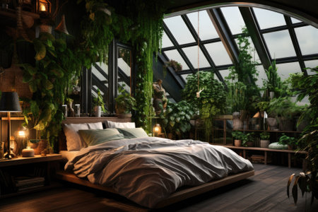 Chic indoor bedroom ambiance with plants.の素材