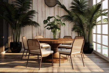 a dining room mockup featuring an Areca palm, dining set, and wooden table on the floor.の素材