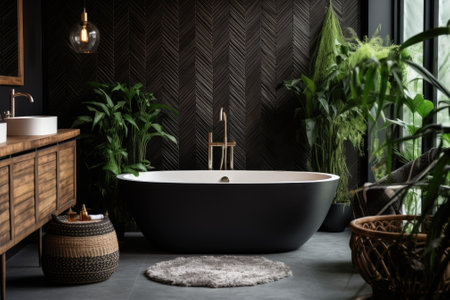 Cozy boho chic bathroom with black tub, wooden commode, mirror, decor, plants, and stylish design.の素材