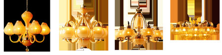 Energy saving light bulbs hanging from a yellow glass chandelier transparent backgroundの素材