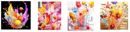 Digital illustration of various isolated liquid splashes on a transparent backgroundの素材