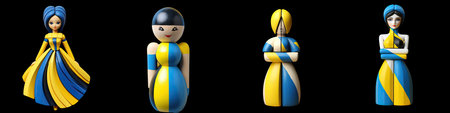 Png Set Ukrainian flag colored wooden doll on transparent backgroundの素材