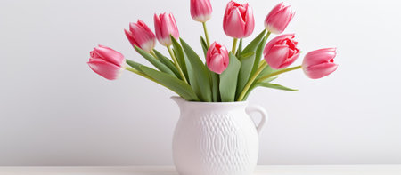 White vase with pink tulips on a table adds beauty to the roomの素材