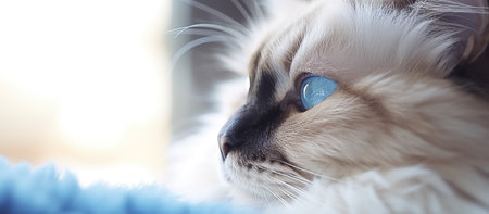 Closeup of a Balinese cat with blue eyes gazing out a windowの素材