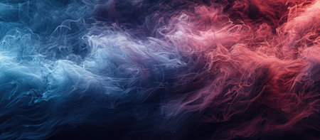 Closeup of a purple cumulus cloud surrounded by red smoke against a dark skyの素材