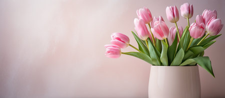 A vase displaying pink tulips, a colorful houseplant, on a tableの素材