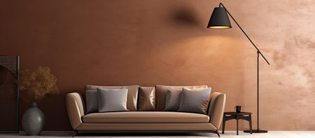 Building with a brown couch and lamp in a rectangular living roomの素材