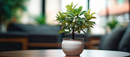 A houseplant in a flowerpot is on a wooden table in a roomの素材