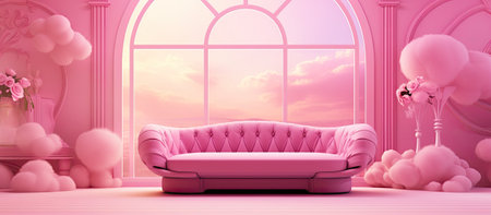 a pink couch is sitting in front of a window in a pink roomの素材