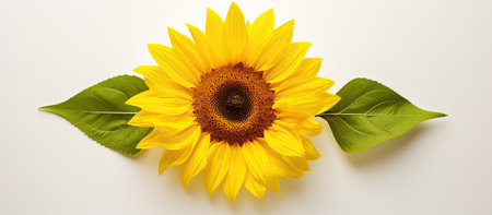 A sunflower with two green leaves on a white backgroundの素材
