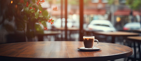 Coffee cup on table in cafe, by window in building with hardwood flooringの素材