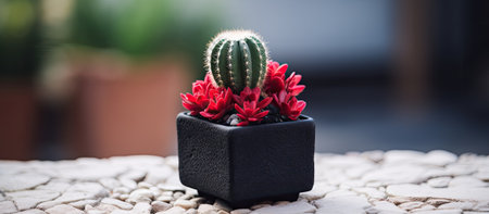 Red flowers adorn a small cactus in a black flowerpotの素材