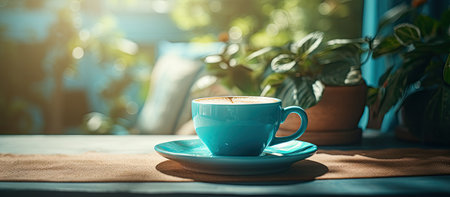 Coffee cup resting on saucer on table, surrounded by plantの素材