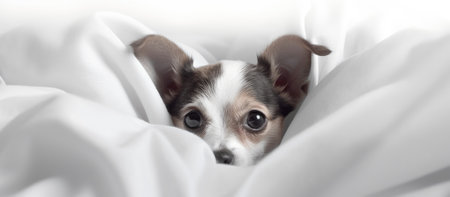 a small dog is peeking out of a pile of white sheetsの素材