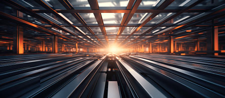 Wood and steel train track with sunlight shining through building ceilingの素材