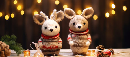 Two stuffed fawns resting on a table, looking happy with fur and snout visibleの素材