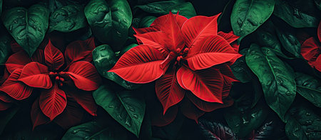 Closeup of vibrant red poinsettia flower with green leavesの素材
