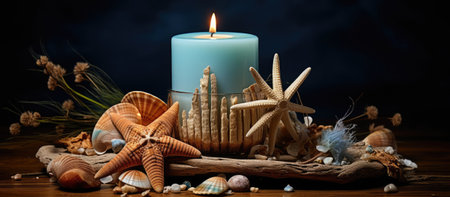 Candle art on wooden table with seashells and starfishの素材