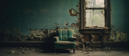 A green chair sits next to a window in an abandoned roomの素材