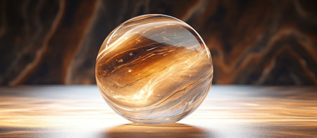 A glass ball rests on a table made of wood, a natural materialの素材