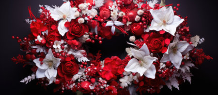 A creative arts display of red and white flowers on a black backgroundの素材